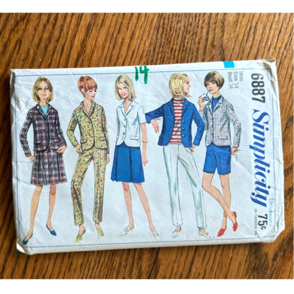 Vintage 1960s Simplicity 6887 Sewing Pattern Size S Pants Jacket Skirt COMPLETE